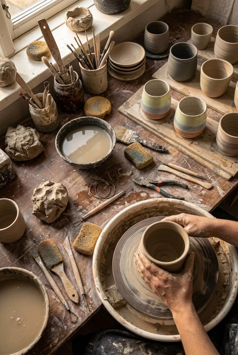 A potter shaping a cup on the wheel at a workbench full of tools and finished pieces